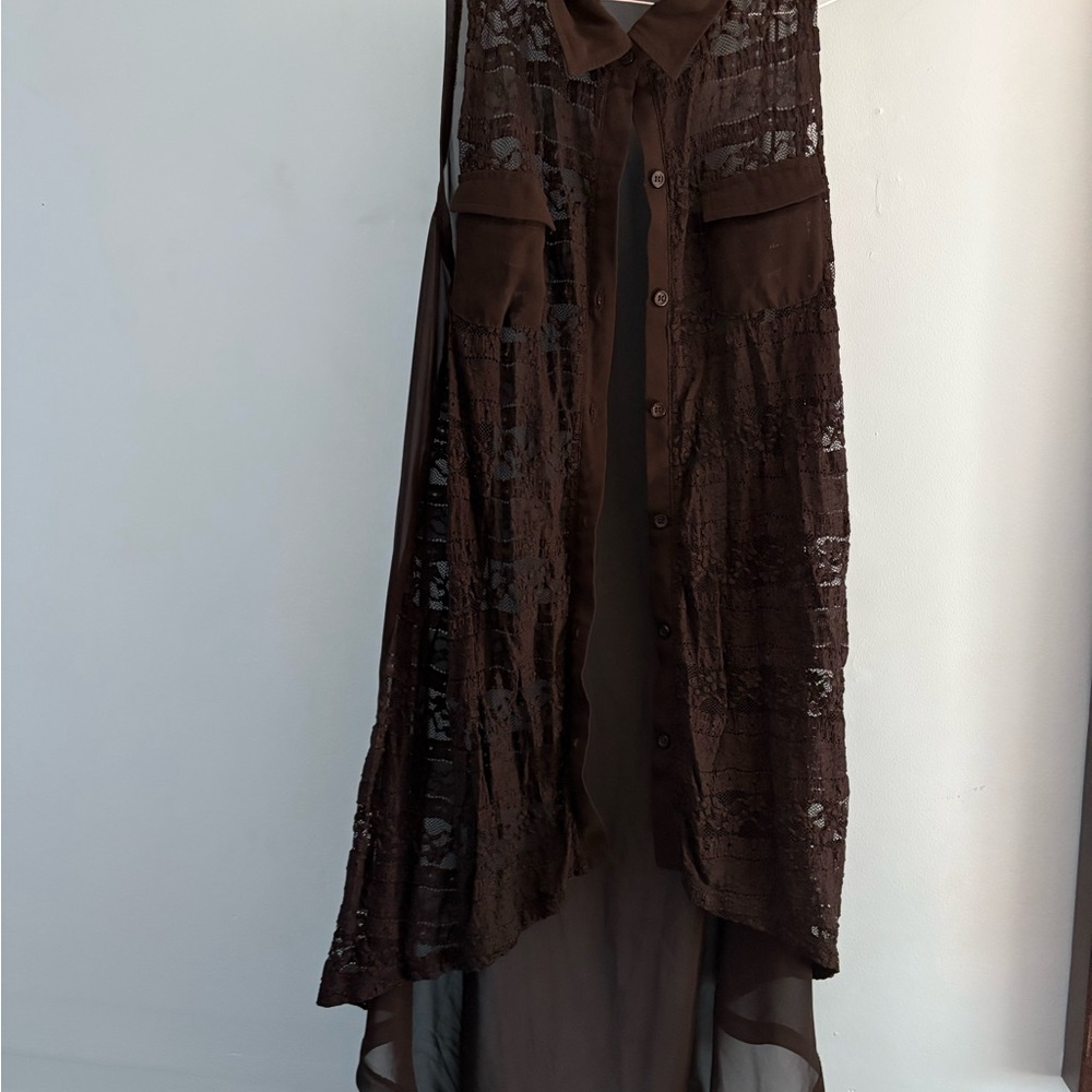 Torrid Brown Sheer Lace Button Down Shirt